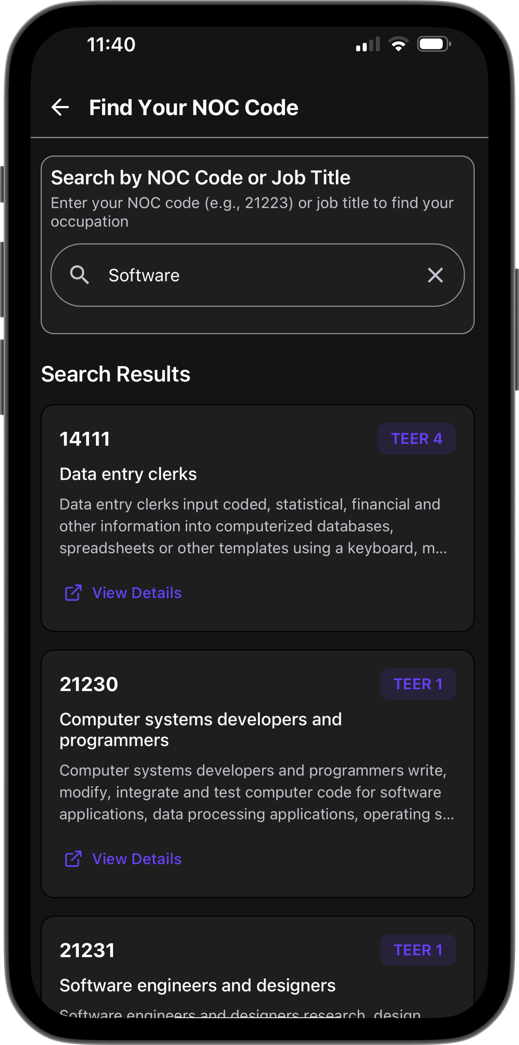 NOC Code Finder screen