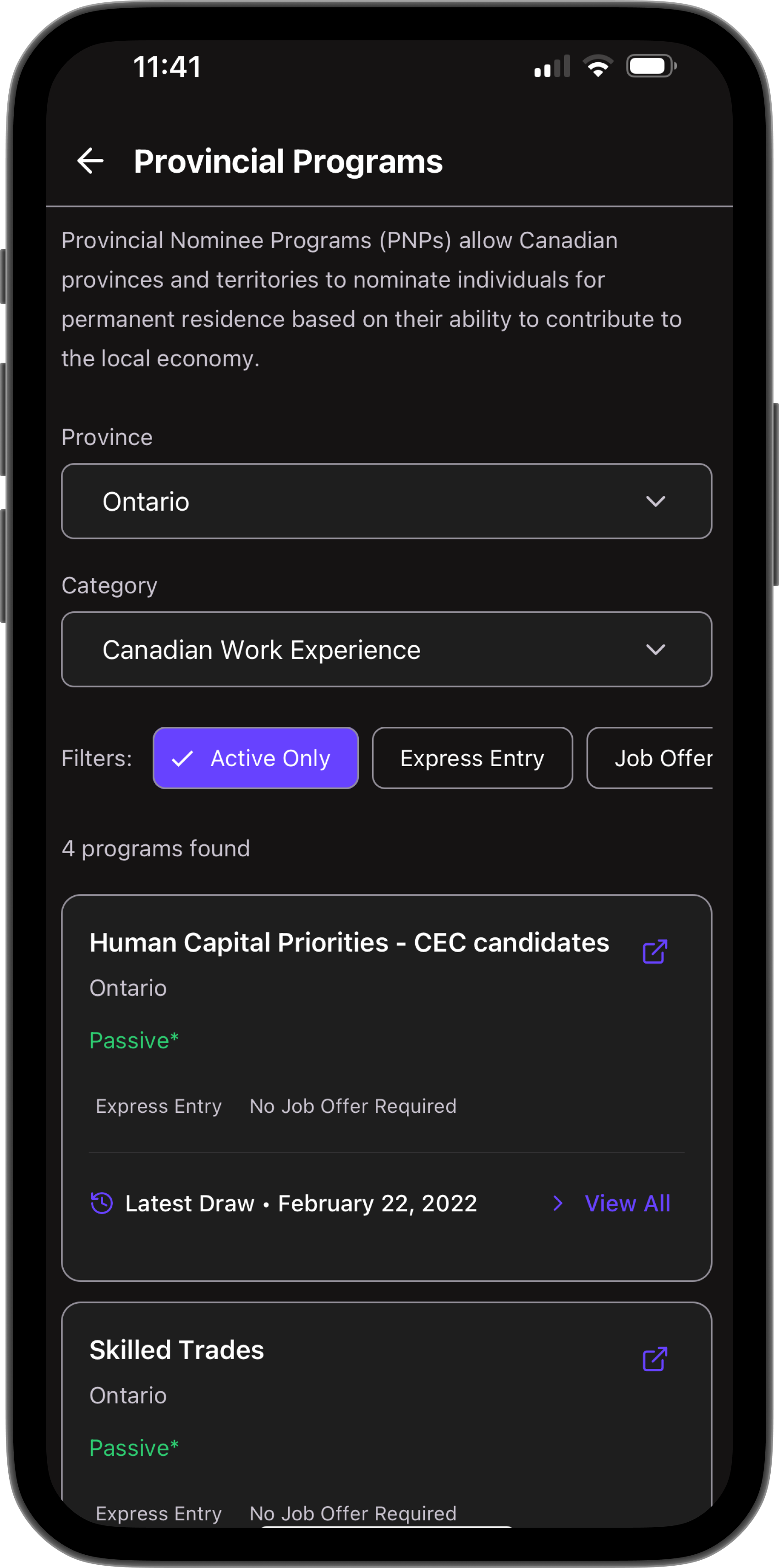 Provincial Nominee Program screen